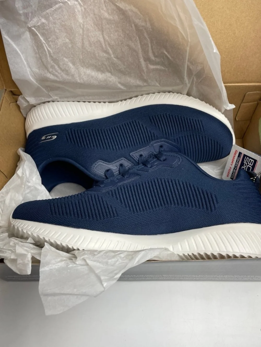 Skechers Bobs Sport Navy Knit Slip-On Athletic Sneakers Wide Fit with White Sole